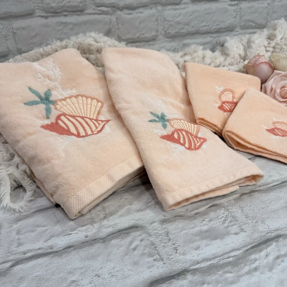 Vtg RA Briggs Seashell Embroidered Peach Bath Towel 4pc Set Beach House Seashore